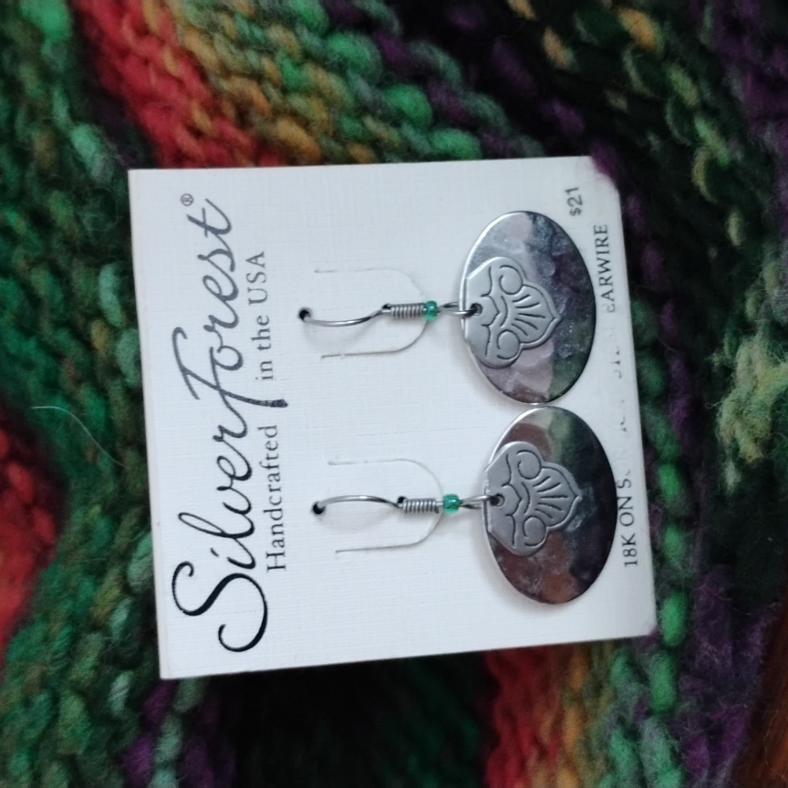 Silver Forest Earrings Hammered Shiny Oval Floral Stamped 2 Layer
